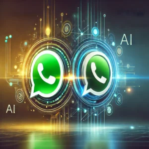 A creative digital artwork showcasing the AI and WhatsApp logos side by side, symbolizing their integration.